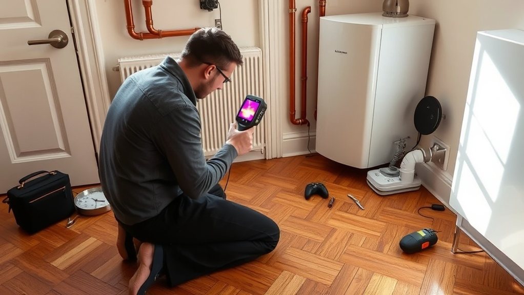 Engineer locating central heating leak using thermal imaging in Hanwell